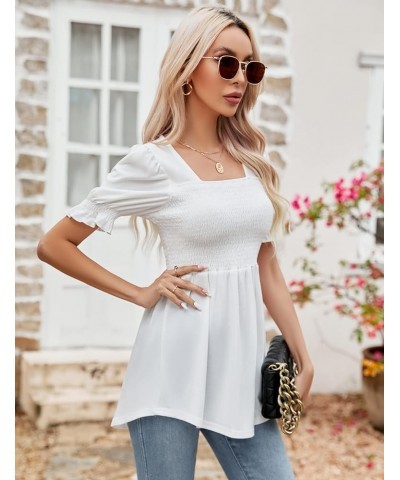 Women's Tunics Square Neck Puff Short Sleeve Smocked Top Ladies Peplum Blouse Tee Shirts 2023 Spring Summer S-XL White Short ...