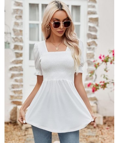 Women's Tunics Square Neck Puff Short Sleeve Smocked Top Ladies Peplum Blouse Tee Shirts 2023 Spring Summer S-XL White Short ...