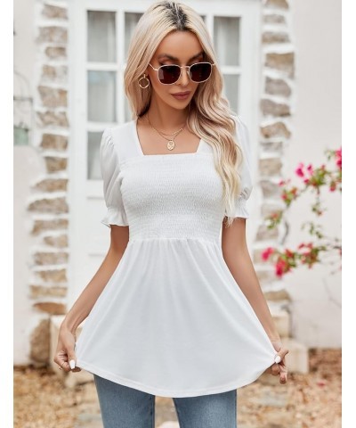 Women's Tunics Square Neck Puff Short Sleeve Smocked Top Ladies Peplum Blouse Tee Shirts 2023 Spring Summer S-XL White Short ...