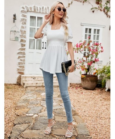 Women's Tunics Square Neck Puff Short Sleeve Smocked Top Ladies Peplum Blouse Tee Shirts 2023 Spring Summer S-XL White Short ...