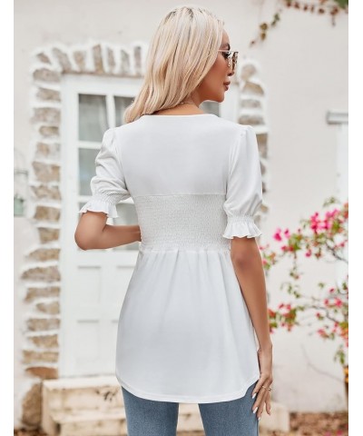 Women's Tunics Square Neck Puff Short Sleeve Smocked Top Ladies Peplum Blouse Tee Shirts 2023 Spring Summer S-XL White Short ...