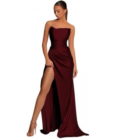 Strapless Bridesmaid Dresses for Women Mermaid Ruched Satin Formal Gown Sleeveless Side Slit Maxi Dress EV1211 Burgundy $32.3...