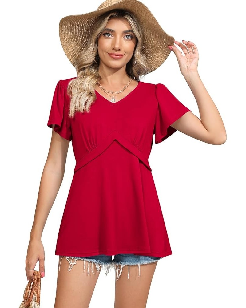 Women's Tops V Neck Ruffle Short Sleeve Tunic Tops Dressy Casual Empire Waist Shirts Pleated Flowy Blouses Tops D Red $12.25 ...