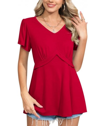 Women's Tops V Neck Ruffle Short Sleeve Tunic Tops Dressy Casual Empire Waist Shirts Pleated Flowy Blouses Tops D Red $12.25 ...