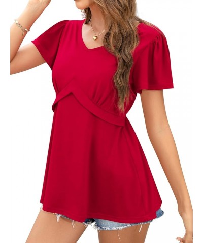 Women's Tops V Neck Ruffle Short Sleeve Tunic Tops Dressy Casual Empire Waist Shirts Pleated Flowy Blouses Tops D Red $12.25 ...