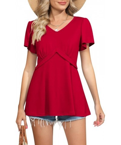 Women's Tops V Neck Ruffle Short Sleeve Tunic Tops Dressy Casual Empire Waist Shirts Pleated Flowy Blouses Tops D Red $12.25 ...