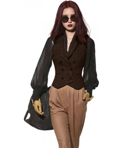 Women's Double Breasted Vest Lapel Casual Skinny Herringbone Tweed Waistcoat Sleeveless Jacket Coffee $17.78 Vests