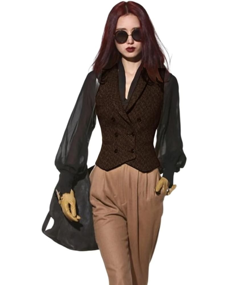 Women's Double Breasted Vest Lapel Casual Skinny Herringbone Tweed Waistcoat Sleeveless Jacket Coffee $17.78 Vests