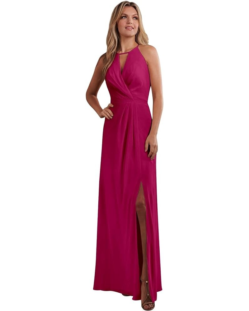 Halter Chiffon Bridesmaid Dresses for Wedding A Line Long Ruched Sleeveless Prom Evening Dress with Slit Fuchsia $35.00 Dresses