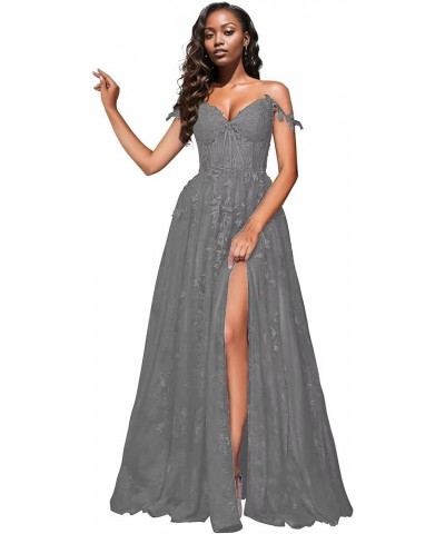 Women's Spaghetti Straps Prom Dresses Lace Appliques Off Shoulder Tulle Sexy Split Long Formal Evening Party Gowns New Grey $...