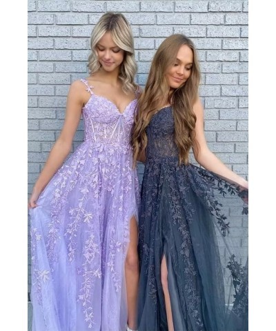 Women's Spaghetti Straps Prom Dresses Lace Appliques Off Shoulder Tulle Sexy Split Long Formal Evening Party Gowns New Grey $...