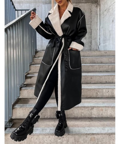 Women's Sheepskin Leather Long Jacket Winter Warm Faux Fleece Lined Lapel Button Coat $35.49 Coats