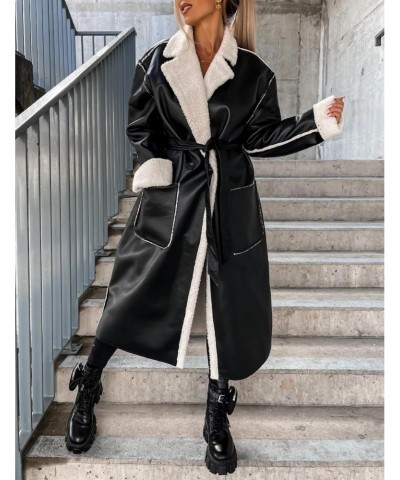 Women's Sheepskin Leather Long Jacket Winter Warm Faux Fleece Lined Lapel Button Coat $35.49 Coats