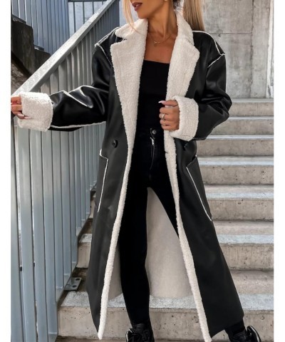 Women's Sheepskin Leather Long Jacket Winter Warm Faux Fleece Lined Lapel Button Coat $35.49 Coats