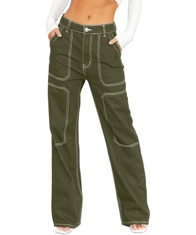 Women's Casual Mid Waist Cargo Jeans Stretch Wide Leg Denim Pants with Pockets Green $21.78 Jeans