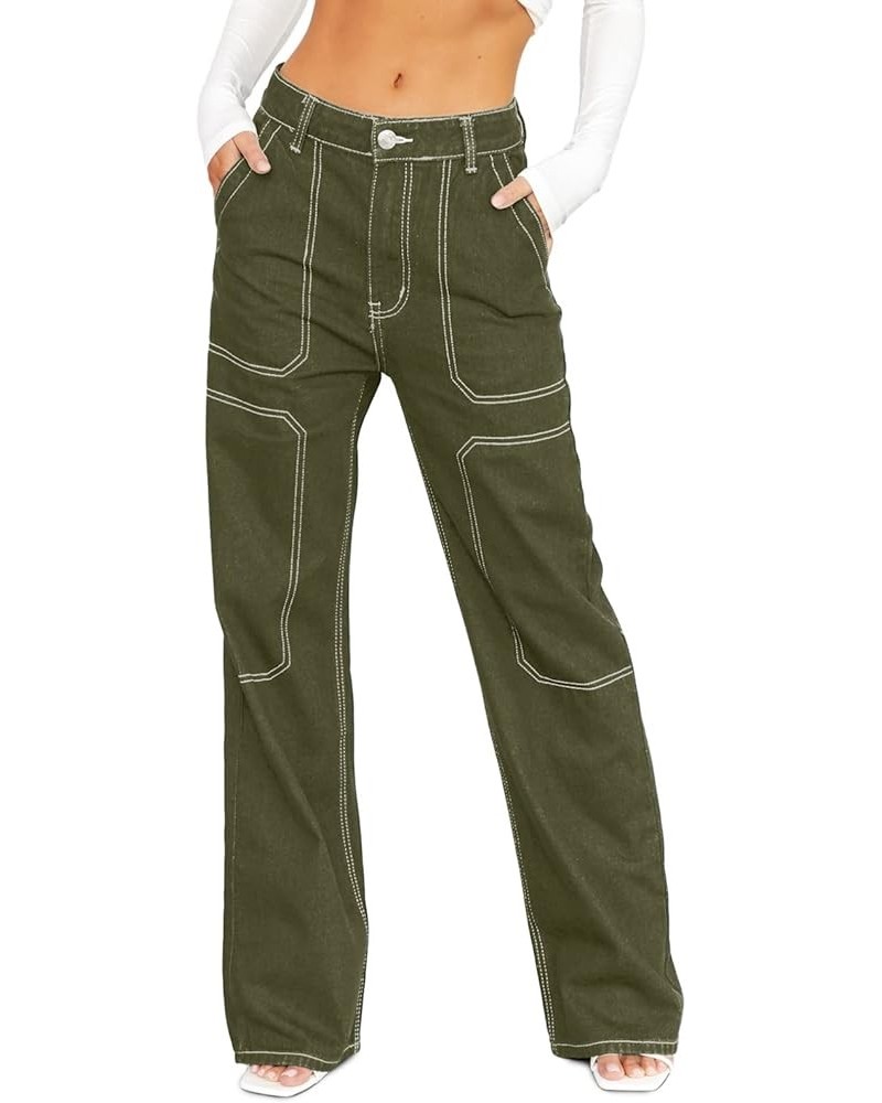 Women's Casual Mid Waist Cargo Jeans Stretch Wide Leg Denim Pants with Pockets Green $21.78 Jeans