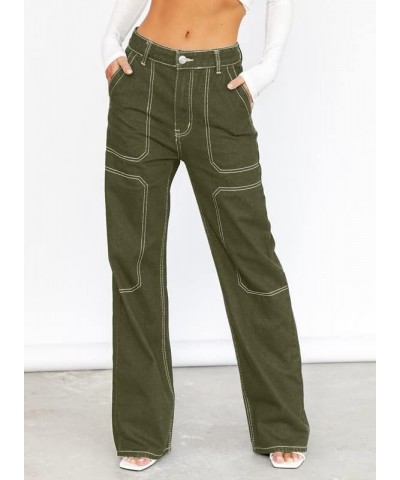 Women's Casual Mid Waist Cargo Jeans Stretch Wide Leg Denim Pants with Pockets Green $21.78 Jeans