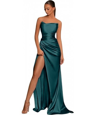 Satin Mermaid Prom Dress with Slit Strapless Long Bridesmaid Dresses for Women Pleated Formal Evening Gowns Peacock $26.40 Dr...