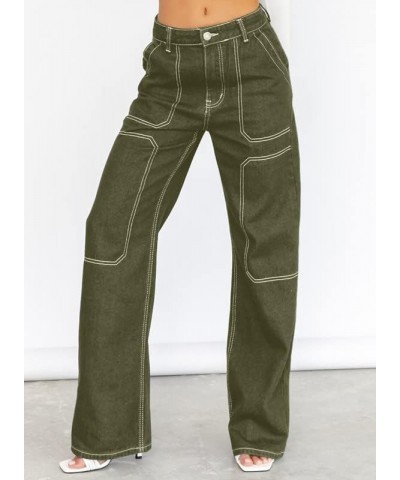 Women's Casual Mid Waist Cargo Jeans Stretch Wide Leg Denim Pants with Pockets Green $21.78 Jeans