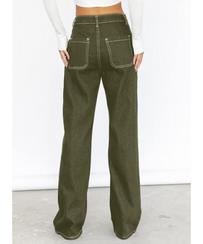 Women's Casual Mid Waist Cargo Jeans Stretch Wide Leg Denim Pants with Pockets Green $21.78 Jeans