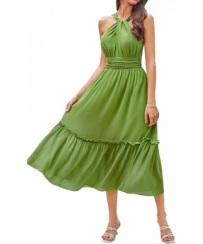 Women's 2024 Casual Summer Sleeveless Flowy Maxi Halter Neck Smocked Tiered Wedding Guest Beach Long Dresses Green $21.93 Dre...