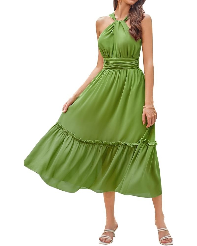 Women's 2024 Casual Summer Sleeveless Flowy Maxi Halter Neck Smocked Tiered Wedding Guest Beach Long Dresses Green $21.93 Dre...