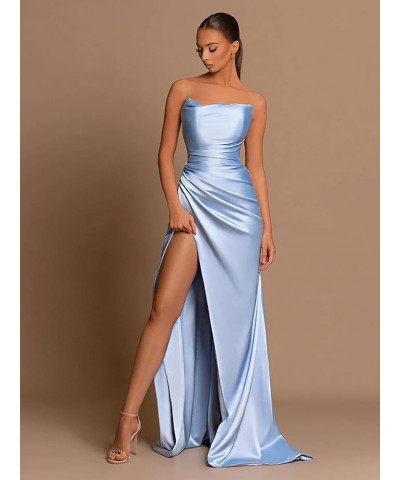 Satin Mermaid Prom Dress with Slit Strapless Long Bridesmaid Dresses for Women Pleated Formal Evening Gowns Peacock $26.40 Dr...