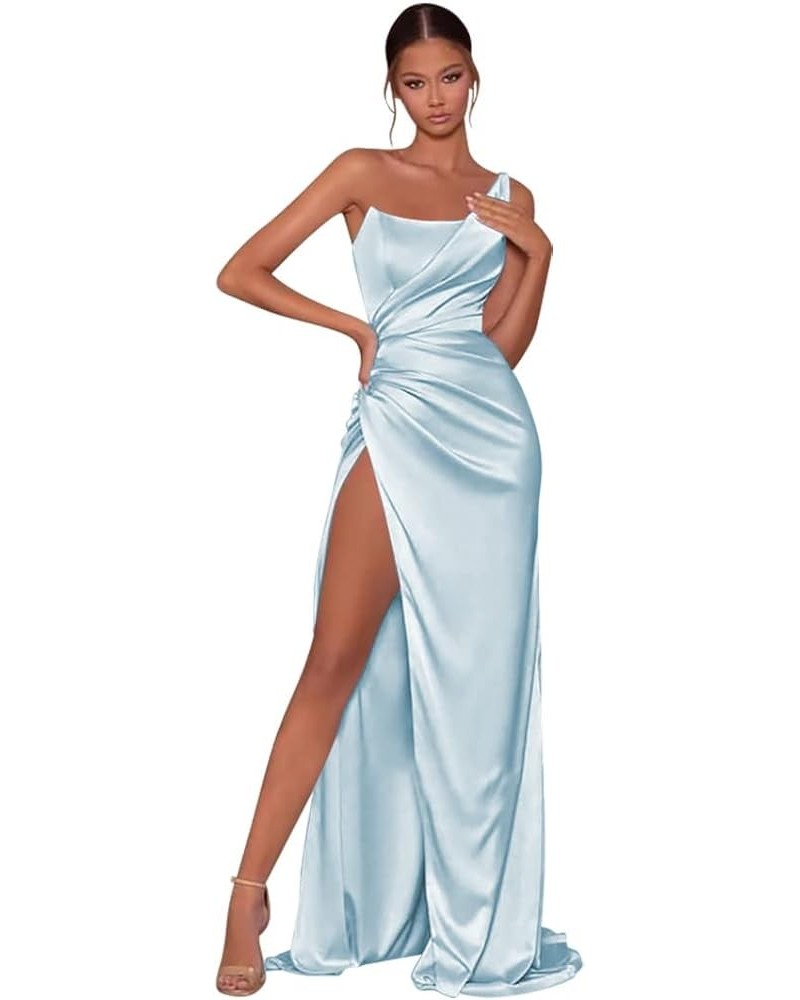 Women's Mermaid One Shoulder Prom Dress with Slit Long Ruched Satin Bridesmaid Dresses for Wedding Formal Party Gown Light Bl...