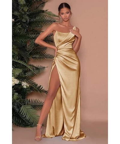 Women's Mermaid One Shoulder Prom Dress with Slit Long Ruched Satin Bridesmaid Dresses for Wedding Formal Party Gown Light Bl...