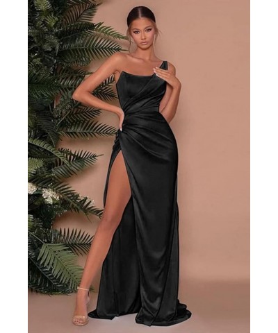 Women's Mermaid One Shoulder Prom Dress with Slit Long Ruched Satin Bridesmaid Dresses for Wedding Formal Party Gown Light Bl...