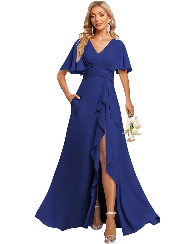 Women's V Neck Flutter Sleeve Bridesmaid Dresses with Pockets A Line Long Formal Party Dress with Slit DI89 Royal Blue $31.60...