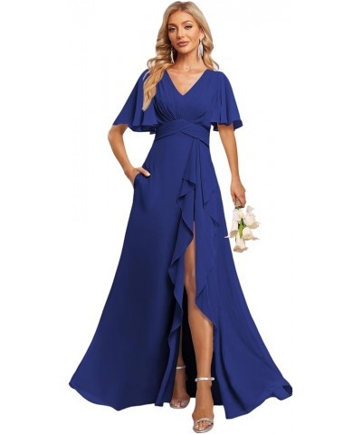 Women's V Neck Flutter Sleeve Bridesmaid Dresses with Pockets A Line Long Formal Party Dress with Slit DI89 Royal Blue $31.60...