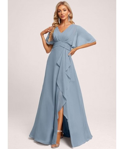 Women's V Neck Flutter Sleeve Bridesmaid Dresses with Pockets A Line Long Formal Party Dress with Slit DI89 Royal Blue $31.60...