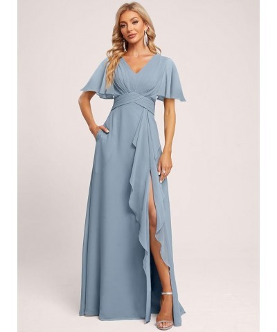 Women's V Neck Flutter Sleeve Bridesmaid Dresses with Pockets A Line Long Formal Party Dress with Slit DI89 Royal Blue $31.60...