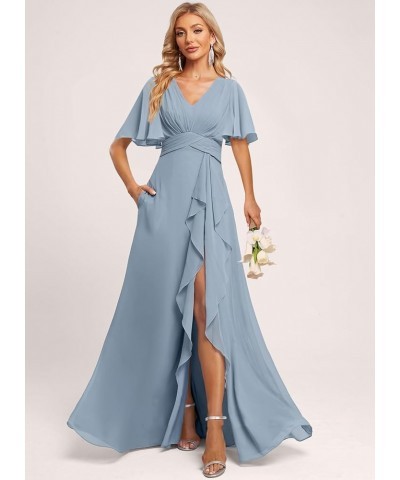 Women's V Neck Flutter Sleeve Bridesmaid Dresses with Pockets A Line Long Formal Party Dress with Slit DI89 Royal Blue $31.60...