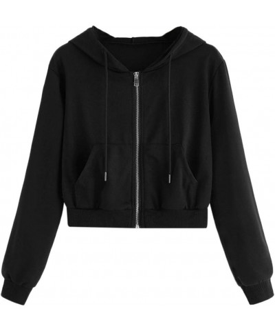 Women Hoodies Basic Lightweight Pullover Hoodies Teen Girls Crop Tops Long Sleeve Zip-Up Sweatshirt with Pocket Black $8.80 H...