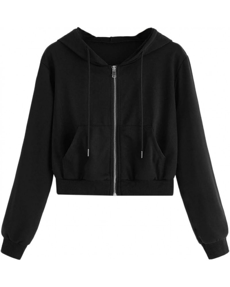 Women Hoodies Basic Lightweight Pullover Hoodies Teen Girls Crop Tops Long Sleeve Zip-Up Sweatshirt with Pocket Black $8.80 H...