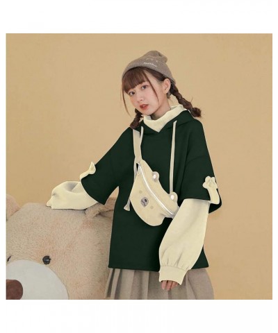 Cute Brown Bear Hoodie for Womens Long Sleeve Kawaii Sweatshirts Patchwork Shirts with Personality Bag Teen Girls Green2 $16....