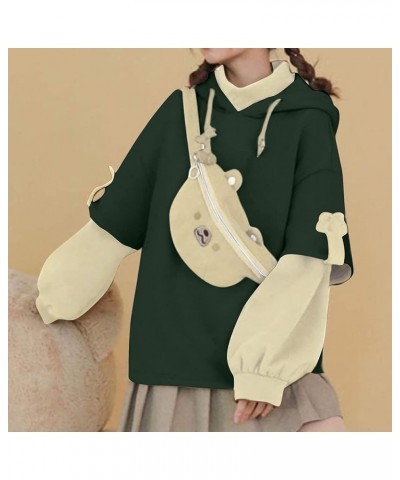 Cute Brown Bear Hoodie for Womens Long Sleeve Kawaii Sweatshirts Patchwork Shirts with Personality Bag Teen Girls Green2 $16....