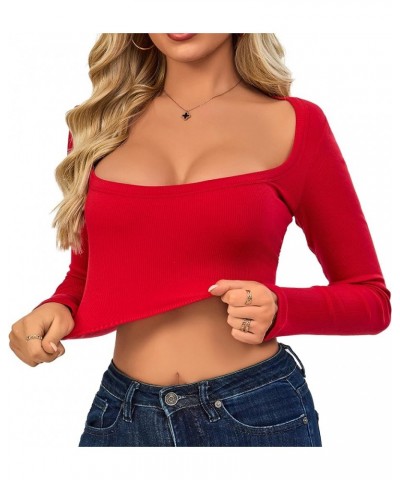 Long Sleeve Crop Tops for Women Modal Ribbed T Shirt Tops Basic Trendy Sexy Stretchy Lightweight Red $11.99 T-Shirts