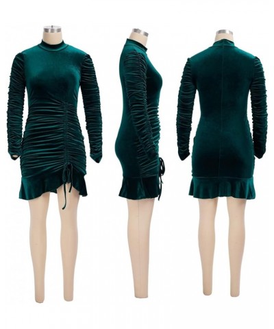 Womens Long Sleeve Velvet Dress Mock Neck Bodycon Dress Ruched Club Night Out Drawstring Mini Dresses Green $14.96 Dresses