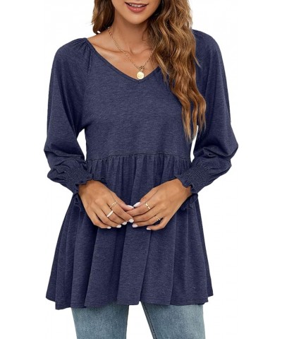 Women Long Sleeve Peplum Tunic Shirts Floral/Solid V Neck Babydoll Flowy Blouse Tops Navy Blue $9.87 Tops