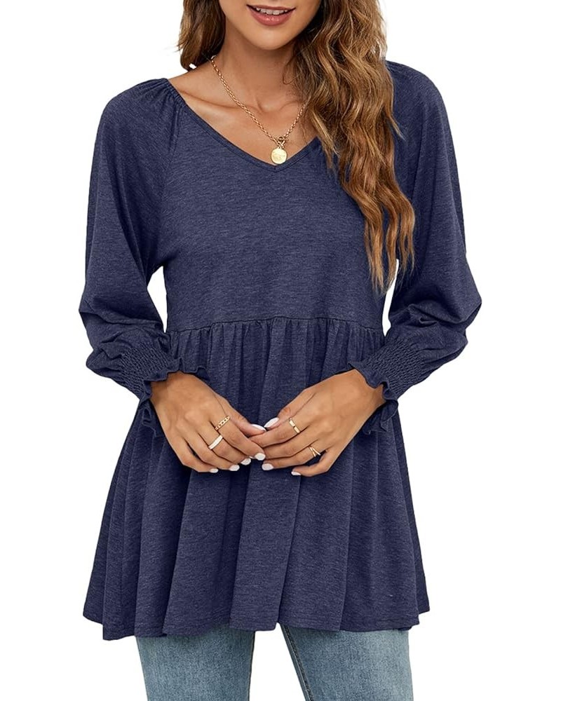 Women Long Sleeve Peplum Tunic Shirts Floral/Solid V Neck Babydoll Flowy Blouse Tops Navy Blue $9.87 Tops