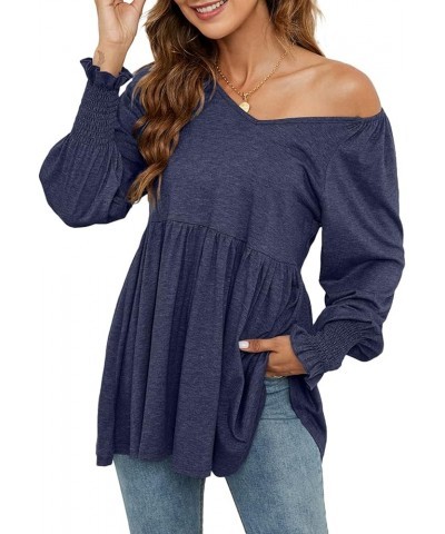 Women Long Sleeve Peplum Tunic Shirts Floral/Solid V Neck Babydoll Flowy Blouse Tops Navy Blue $9.87 Tops