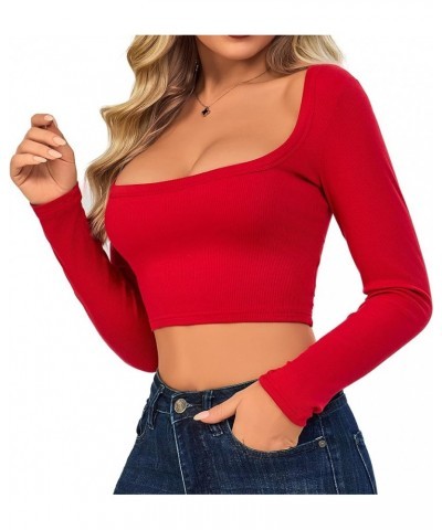 Long Sleeve Crop Tops for Women Modal Ribbed T Shirt Tops Basic Trendy Sexy Stretchy Lightweight Red $11.99 T-Shirts