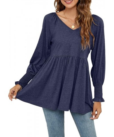 Women Long Sleeve Peplum Tunic Shirts Floral/Solid V Neck Babydoll Flowy Blouse Tops Navy Blue $9.87 Tops