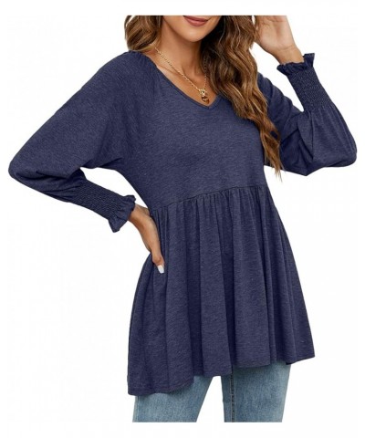 Women Long Sleeve Peplum Tunic Shirts Floral/Solid V Neck Babydoll Flowy Blouse Tops Navy Blue $9.87 Tops