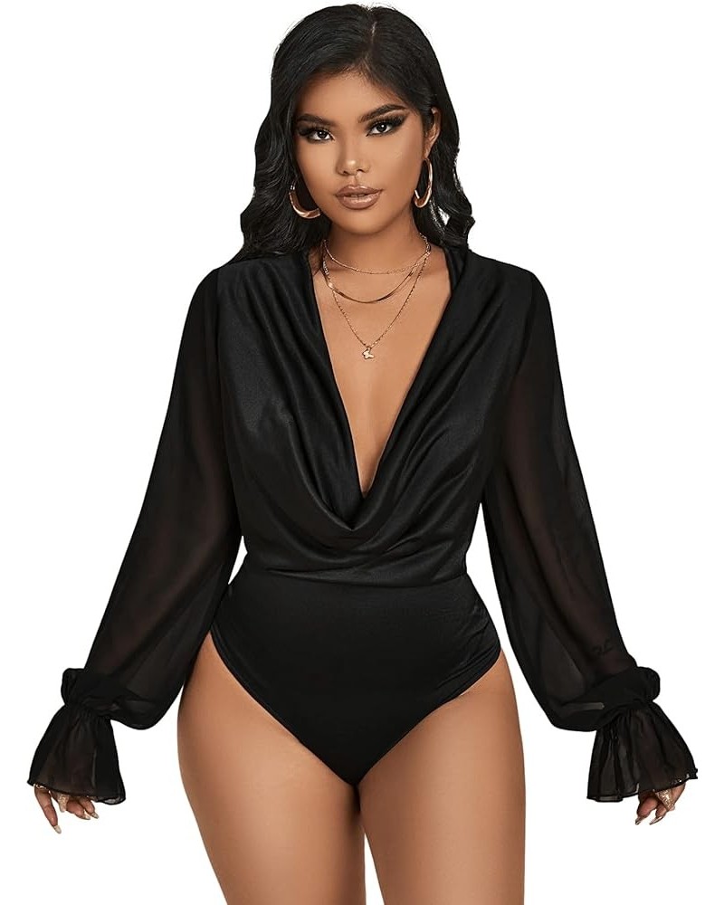 Women's Deep V Neck Long Sleeve Draped Front Sheer Blouse Leotard Bodysuit Jumpsuit Party Outfits Black $8.84 Bodysuits