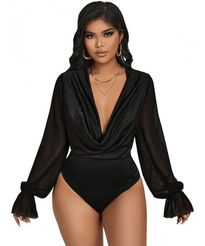 Women's Deep V Neck Long Sleeve Draped Front Sheer Blouse Leotard Bodysuit Jumpsuit Party Outfits Black $8.84 Bodysuits