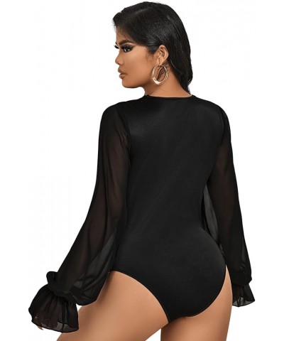 Women's Deep V Neck Long Sleeve Draped Front Sheer Blouse Leotard Bodysuit Jumpsuit Party Outfits Black $8.84 Bodysuits